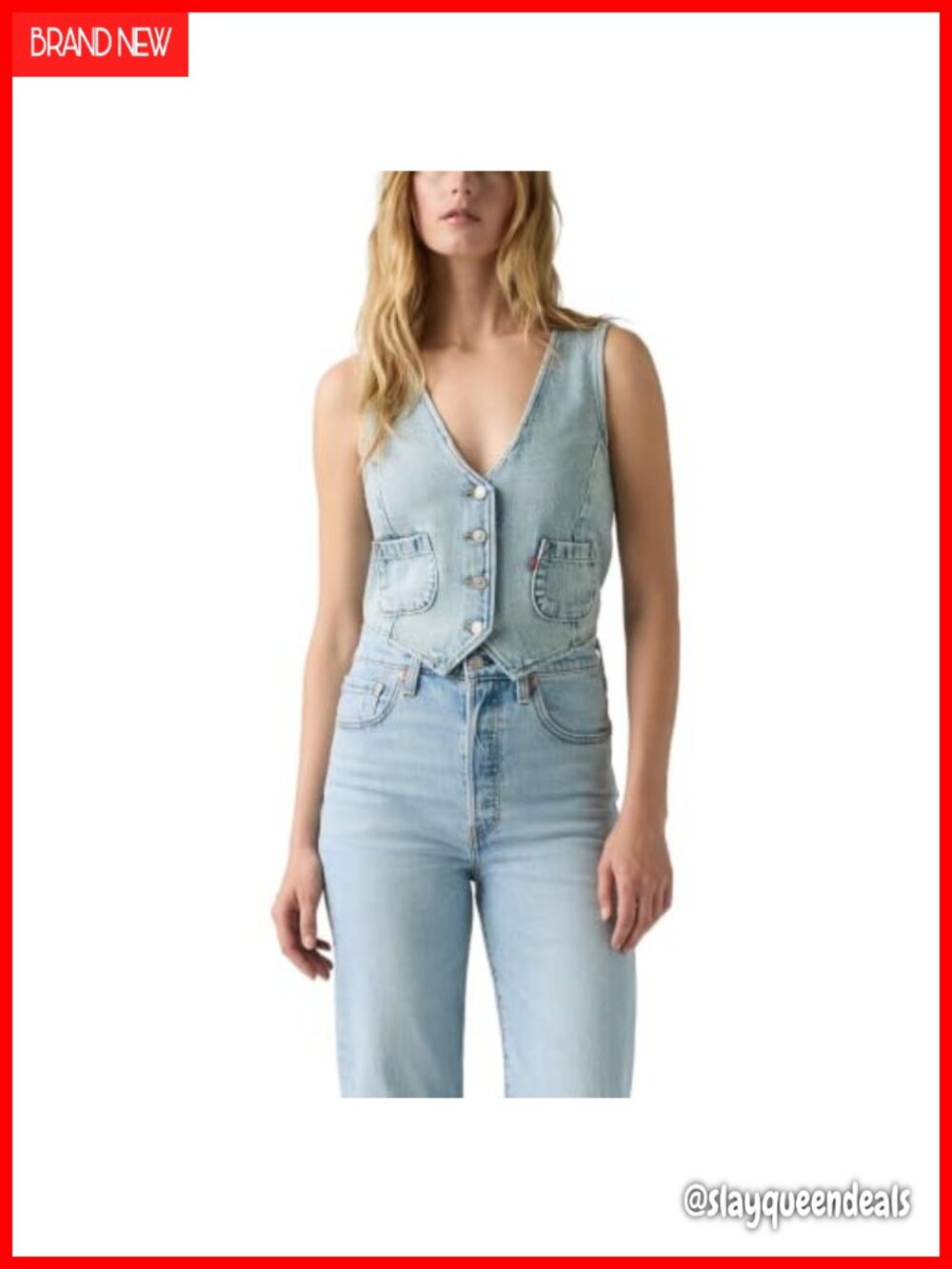 Tailored Denim Vest Standard Fit Button Sleeveless Cotton